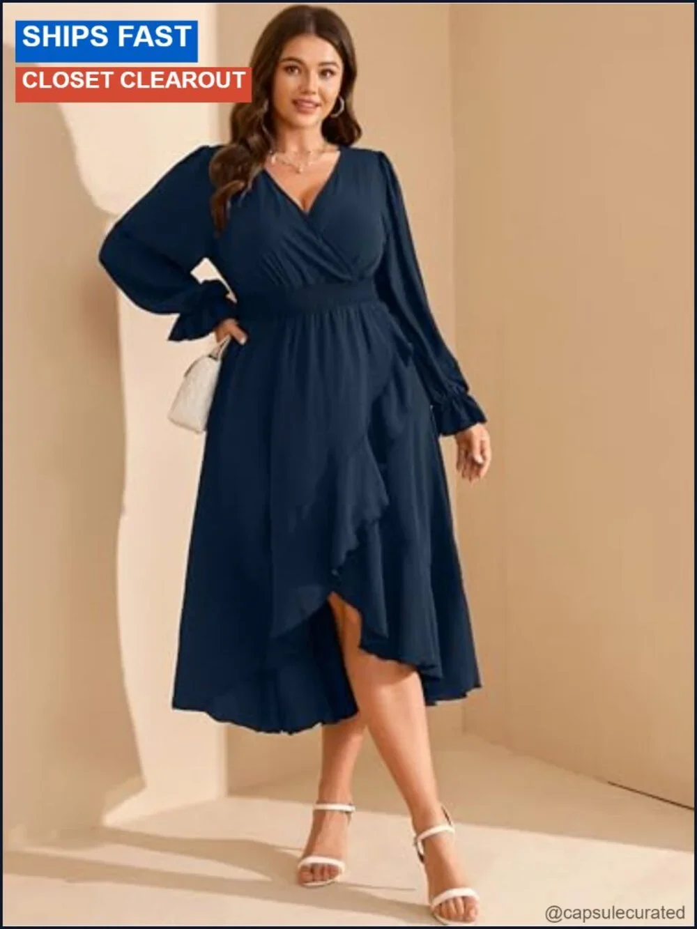 Plus Size Wedding Guest Maxi Dress V Neck High Low Cocktail Long Sleeve